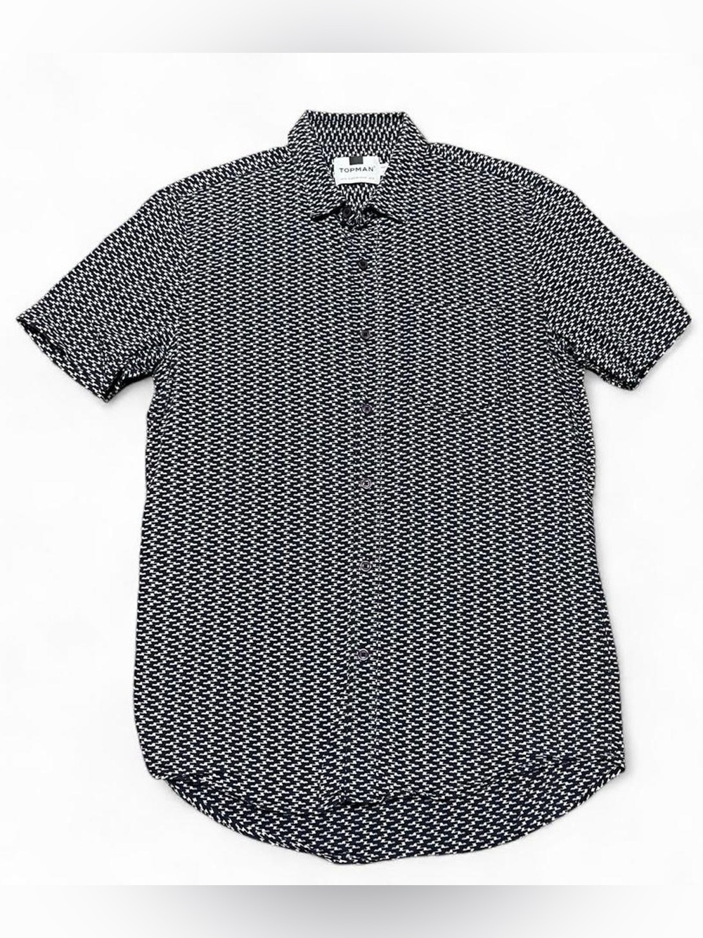 Topman Mens M Pocket Pattern Short Sleeve Button Down Shirt Blue Cotton Blend